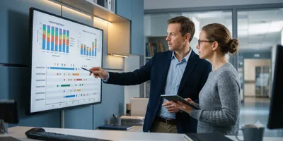 Clinical researchers reviewing anonymized patient data visualizations on a monitor in a modern research office.