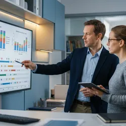 Clinical researchers reviewing anonymized patient data visualizations on a monitor in a modern research office.