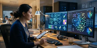 Researcher reviews glowing molecular network visualizations on monitors in a computational biology lab.