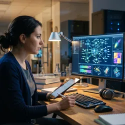 Researcher reviews glowing molecular network visualizations on monitors in a computational biology lab.