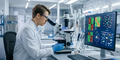 Scientist examines organoid cultures beside a monitor showing molecular pathway data in a research lab.