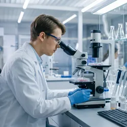 Scientist examines organoid cultures beside a monitor showing molecular pathway data in a research lab.