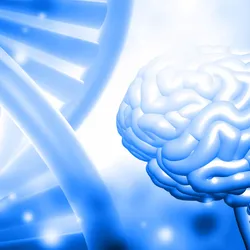 A bright blue brain with a blue DNA helix
