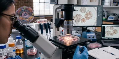 A researcher using an inverted microscope to analyze 3D organoid cell cultures on a multi-well plate in a laboratory setting.