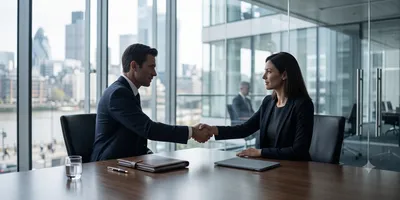 Business partners shaking hands in a modern office