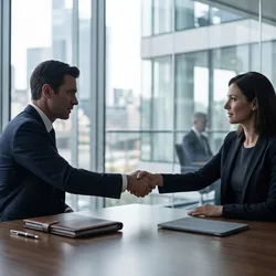 Business partners shaking hands in a modern office