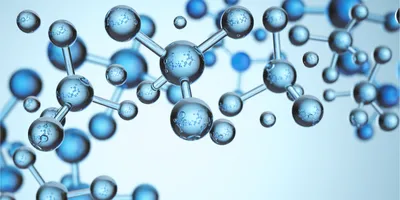 Illustration of interconnected blue molecular structures with spherical atoms and chemical bonds on a light blue background. 