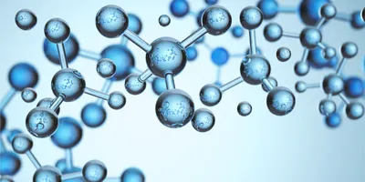 Illustration of interconnected blue molecular structures with spherical atoms and chemical bonds on a light blue background.