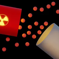 Illustration of a radioactive capsule releasing glowing particles against a black background. 