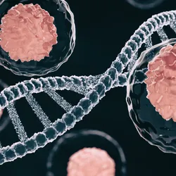 A detailed 3D image of cells alongside a DNA helix structure.