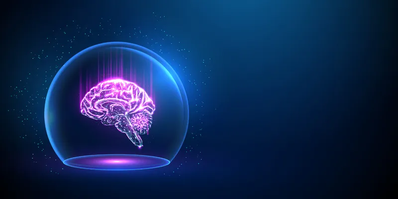Brain in a protective dome against a blue background. 