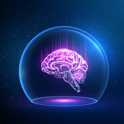 Brain in a protective dome against a blue background.