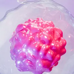 Stylized three-dimensional rendering of multicellular spheroids enclosed within transparent structures.