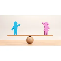 A female and male icon balanced on a wooden seesaw. 