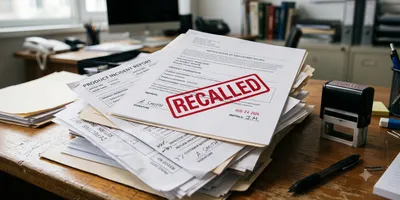 A top-angle stock photo of an office desk stacked with official forms, incident reports, and documents. On the top document, titled "NOTIFICATION OF VOLUNTARY RECALL," a bold red stamp explicitly reads "RECALLED" across the center of the page. A rubber stamp tool, pens, sticky notes, and paperclips rest on the wooden desk alongside the paperwork stack.