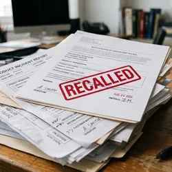 A top-angle stock photo of an office desk stacked with official forms, incident reports, and documents. On the top document, titled "NOTIFICATION OF VOLUNTARY RECALL," a bold red stamp explicitly reads "RECALLED" across the center of the page. A rubber stamp tool, pens, sticky notes, and paperclips rest on the wooden desk alongside the paperwork stack.
