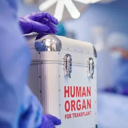 A health care worker with gloves holding a metal box that says Human Organ For Transplant on it.