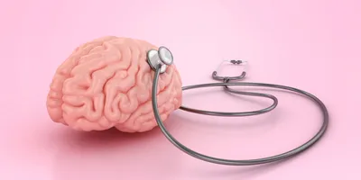 Brain being monitored with a stethoscope on a pink background.