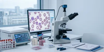 Laboratory desktop setup with a monitor displaying microscopic malaria parasite blood smears and laboratory testing equipment.