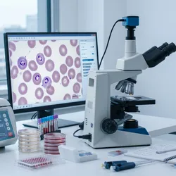 Laboratory desktop setup with a monitor displaying microscopic malaria parasite blood smears and laboratory testing equipment.