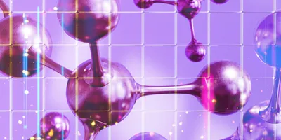 Abstract illustration of interconnected molecular structures against a purple grid background. 