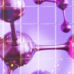 Abstract illustration of interconnected molecular structures against a purple grid background. 