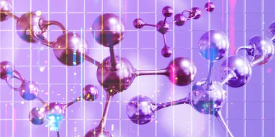 Abstract illustration of interconnected molecular structures against a purple grid background.