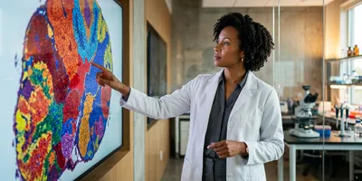 A translational researcher studies a wall display showing a tissue section divided into distinct molecular regions.