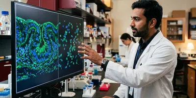 A target biologist compares a monitor panel of isolated dissociated cells against a panel of the same cells arranged in tissue architecture.