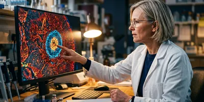 A target biologist studies a brain tissue image showing a ring of differently colored cells surrounding a central point.