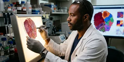 A translational researcher examines a tumor section marked into distinct regions, with a matching molecular map visible on a monitor behind him.