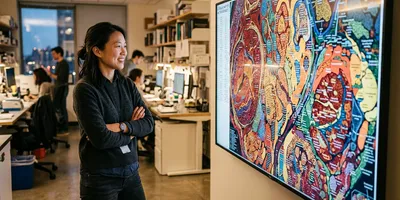 A computational biologist studies a large wall display showing a detailed, multi-region tissue map resembling an atlas.