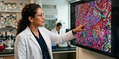 An immuno-oncology researcher points to a highlighted cell cluster within a detailed tumor tissue map on a large monitor.