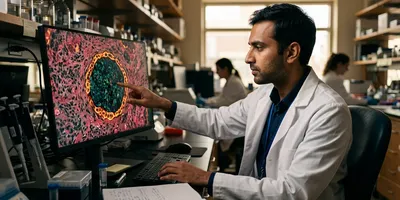 An immunologist studies a tumor tissue image showing a dense ring of cells forming a barrier around a cell cluster near the tumor edge.