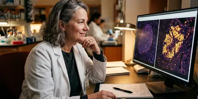An oncology researcher compares two tumor tissue gene expression maps on a monitor, representing tissue before and after treatment.