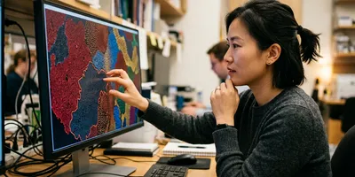 A computational biologist traces a boundary between two distinct genetic territories within a tumor tissue map on a monitor.