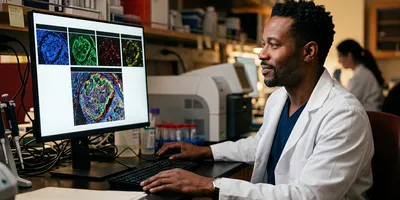 A biomarker scientist studies four separate marker images of the same tumor region alongside a composite overlay on a monitor.