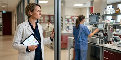 A diagnostics developer reviews a development pathway diagram on a tablet while a lab technician operates an imaging instrument in the background.