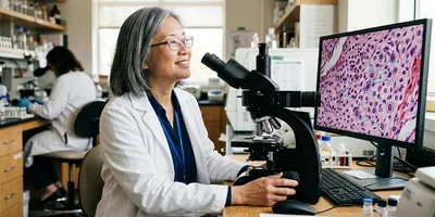 A pathologist looks up from a microscope toward a monitor showing a tissue image with distance measurements drawn between neighboring cells.