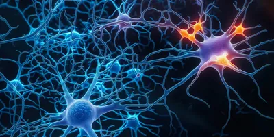 A 3D illustration of a biological neural network with blue neurons and brightly glowing orange synaptic highlights.