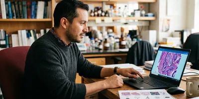 A drug discovery scientist reviews a simple diagram showing five different types of spatial tissue features alongside a laptop.