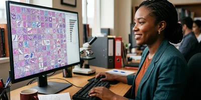 A translational researcher reviews a grid of tissue images with several automatically flagged, alongside a ranked candidate list on a monitor.
