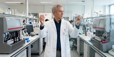 A diagnostics developer compares tissue slides from two adjoining lab spaces separated by glass, checking consistency between sites.