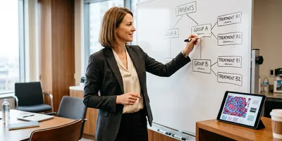 A clinical development scientist sketches a patient stratification flowchart on a whiteboard, with a tissue image visible on a nearby tablet.