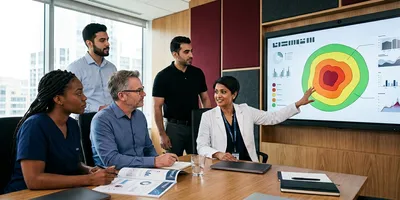 A group of precision medicine professionals reviews a tumor tissue map with concentric zones alongside a genomic report during a tumor board meeting.