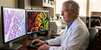 A pathologist reviews a whole-slide digital pathology image alongside a molecular data overlay of the same tissue on adjacent monitors.