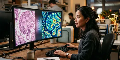 A computational biologist compares a stained tissue image and a corresponding molecular map of the same tissue on a split monitor.