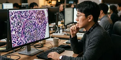 A data scientist examines a tissue image with cell nuclei outlined by an algorithm, including a cluster flagged as a difficult case.