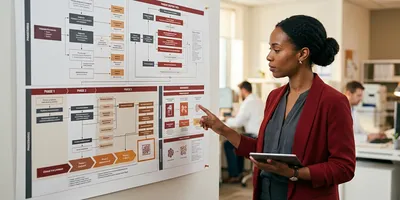 A clinical development scientist points to a highlighted exploratory endpoint section on a printed clinical trial protocol schematic.