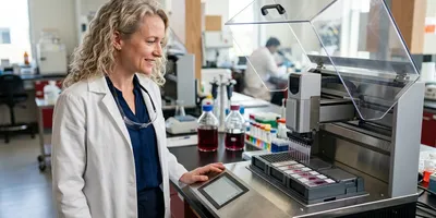 An automation scientist watches a robotic liquid handling instrument process a row of tissue slides on an automated deck.